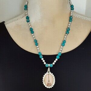 Vintage Style Teal Beaded 22" Necklace with Eiffel Tower Pendant